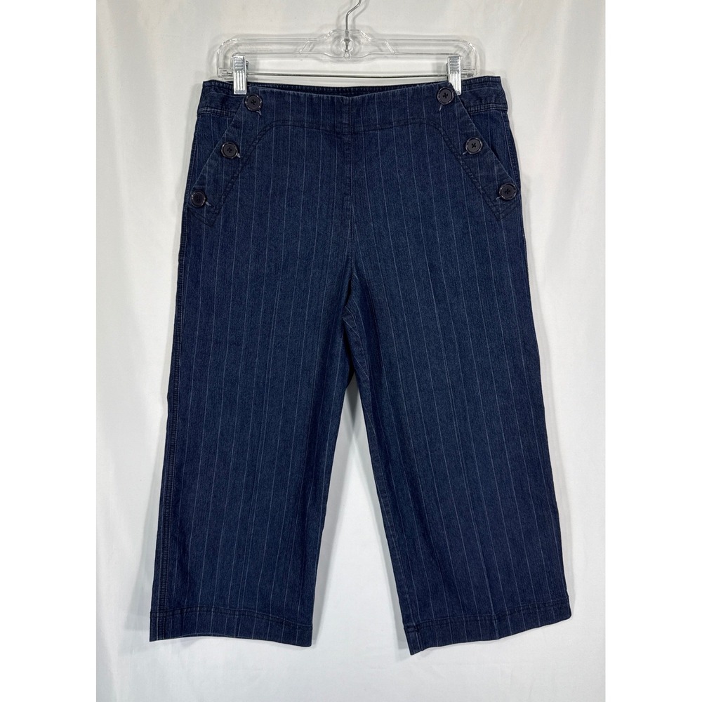 Larry Levine Sport Navy Blue Denim Pinstripe Sailor Button Capri Pants Size 12